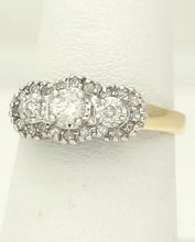 Load image into Gallery viewer, Three Diamond Cluster Halo Three Stone Engagement Ring 14k Yellow Gold
