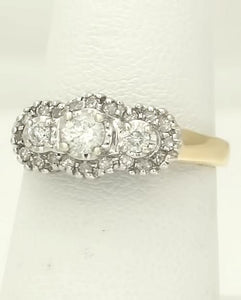Three Diamond Cluster Halo Three Stone Engagement Ring 14k Yellow Gold