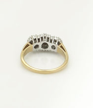 Load image into Gallery viewer, Three Diamond Cluster Halo Three Stone Engagement Ring 14k Yellow Gold
