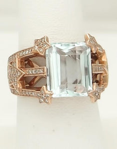 585 14k Rose Gold 9.00ct Emerald Cut Aquamarine 1ct Diamond Star Statement Ring