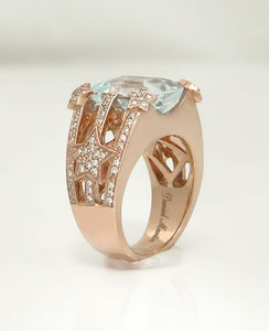 585 14k Rose Gold 9.00ct Emerald Cut Aquamarine 1ct Diamond Star Statement Ring
