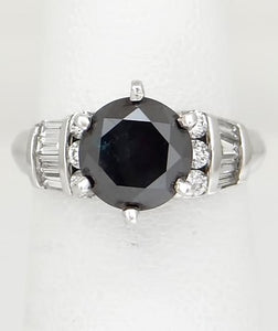 14k White Gold 2 3/4ct Dark Teal Round Baguette VS Diamond Engagement Ring