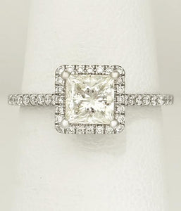 Ladies 14k White Gold 1 1/3ct Princess Cut Round Diamond Halo Engagement Ring