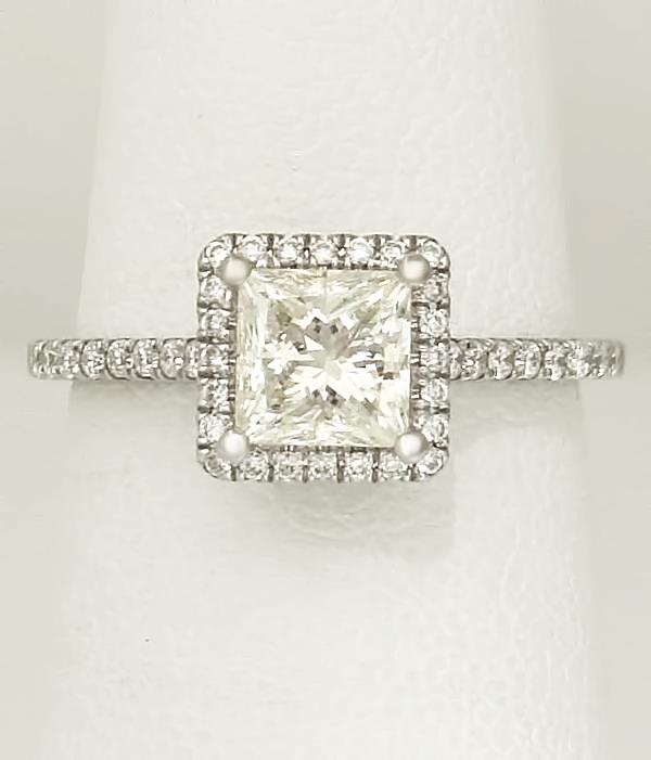 Ladies 14k White Gold 1 1/3ct Princess Cut Round Diamond Halo Engagement Ring