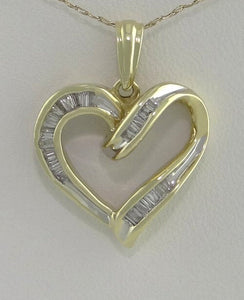 LADIES 10K YELLOW WHITE GOLD 1/4ct 28 BAGUETTE DIAMOND HEART PENDANT CHARM .96"