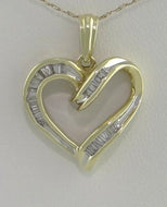 LADIES 10K YELLOW WHITE GOLD 1/4ct 28 BAGUETTE DIAMOND HEART PENDANT CHARM .96
