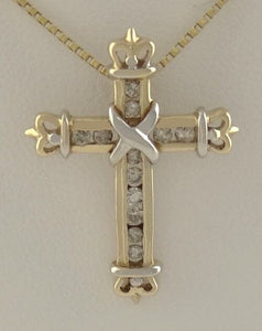 Ladies 10k Yellow White Gold 1/3ct Round Diamond Cross Slide Pendant Charm 1"