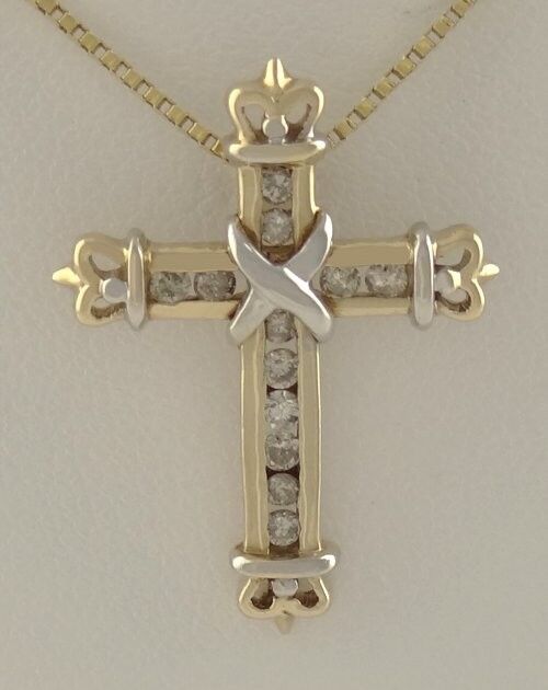 Ladies 10k Yellow White Gold 1/3ct Round Diamond Cross Slide Pendant Charm 1